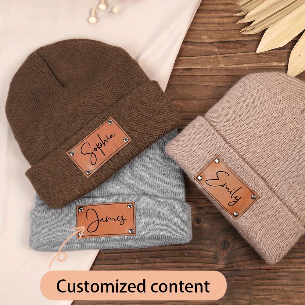 Knit Beanie Hat Warm - Gebreide muts met een gepersonaliseerd leren